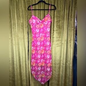 Vintage 90s y2k CDC pink floral strappy bias sweetheart midi dress. Small.